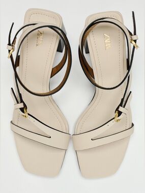 ZARA cream leather sandals with a dark brown block heel and asymmetric strap